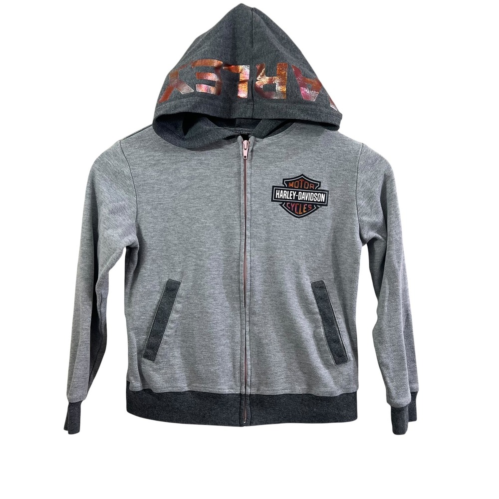 Harley Davidson Girls Hoodie Size 7/8 Gray Full Zip Logo Motorcycle Jacket